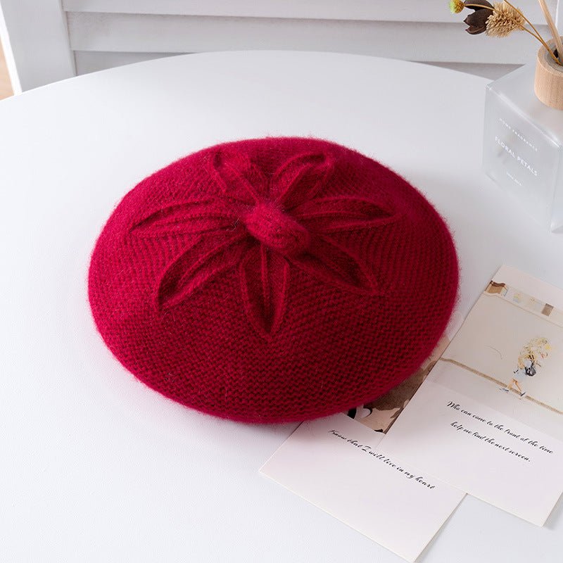 Girls Floral Knit Cashmere Beret Soft Winter Cashmere Hat for Kids Claret S