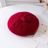 Girls Floral Knit Cashmere Beret Soft Winter Cashmere Hat for Kids Claret S