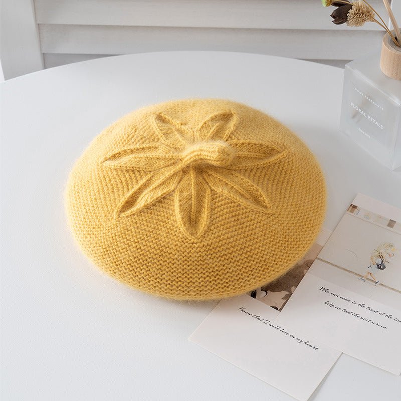 Girls Floral Knit Cashmere Beret Soft Winter Cashmere Hat for Kids Yellow S