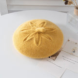 Girls Floral Knit Cashmere Beret Soft Winter Cashmere Hat for Kids Yellow S