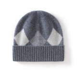 Kids Argyle Cashmere Beanie Hat Ribbed Edge Cashmere Beanie with Diamond Pattern