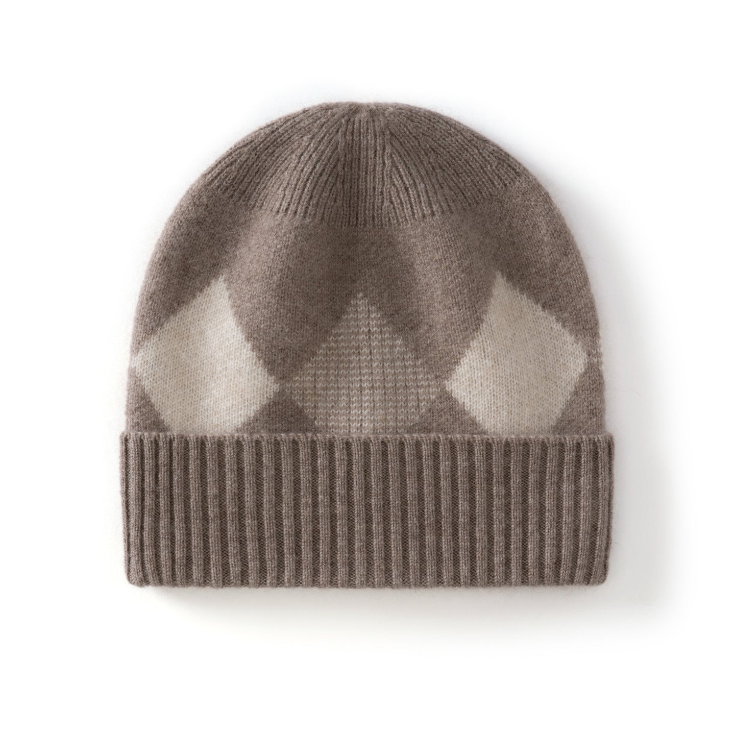 Kids Argyle Cashmere Beanie Hat Ribbed Edge Cashmere Beanie with Diamond Pattern
