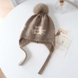 Kids Cashmere Knit Earflap Hat With Pom And Teddy Bear Cashmere Beanie