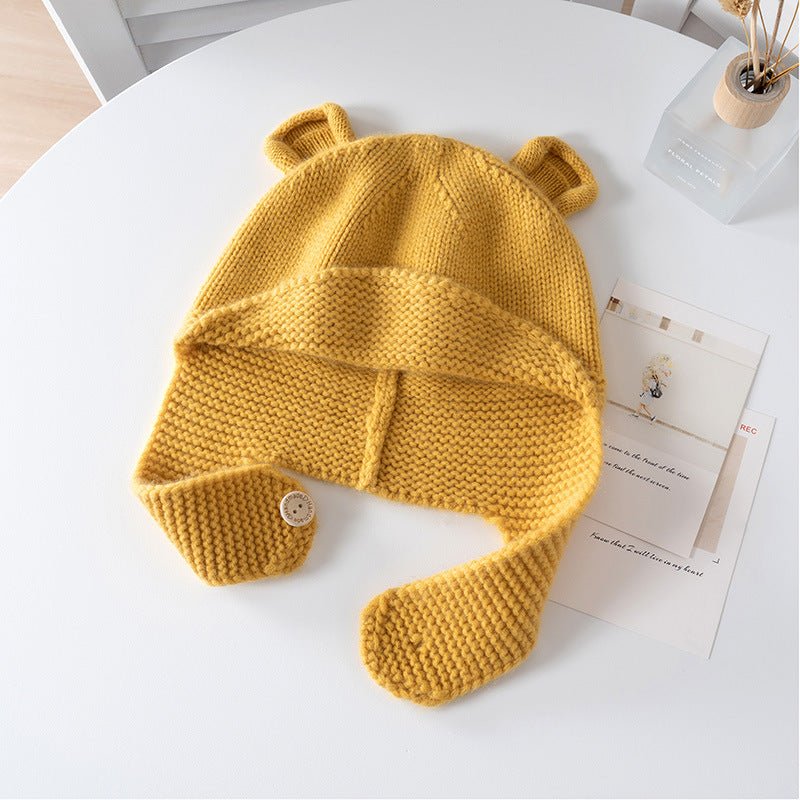 Kids Cashmere Knit Hat with Button Strap Bear Ear Cashmere Beanie