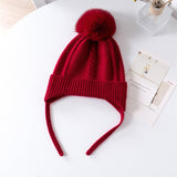 Kids Cashmere Knit Hat with Earflaps and Ties Pom - Pom Cashmere Beanie