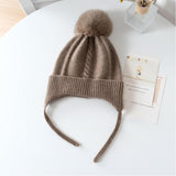 Kids Cashmere Knit Hat with Earflaps and Ties Pom - Pom Cashmere Beanie