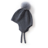 Kids Ribbed Cashmere Hat with Earflaps and Fluffy Pom Cashmere Knit Cap