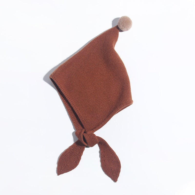 Kids Tie Cashmere Beanie Knit Elf Cashmere Hats with Pom Pom Chestnut Brown S