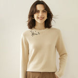 Lady Crew Neck Cashmere Sweater With Embroidered Contrast Stitch Trim