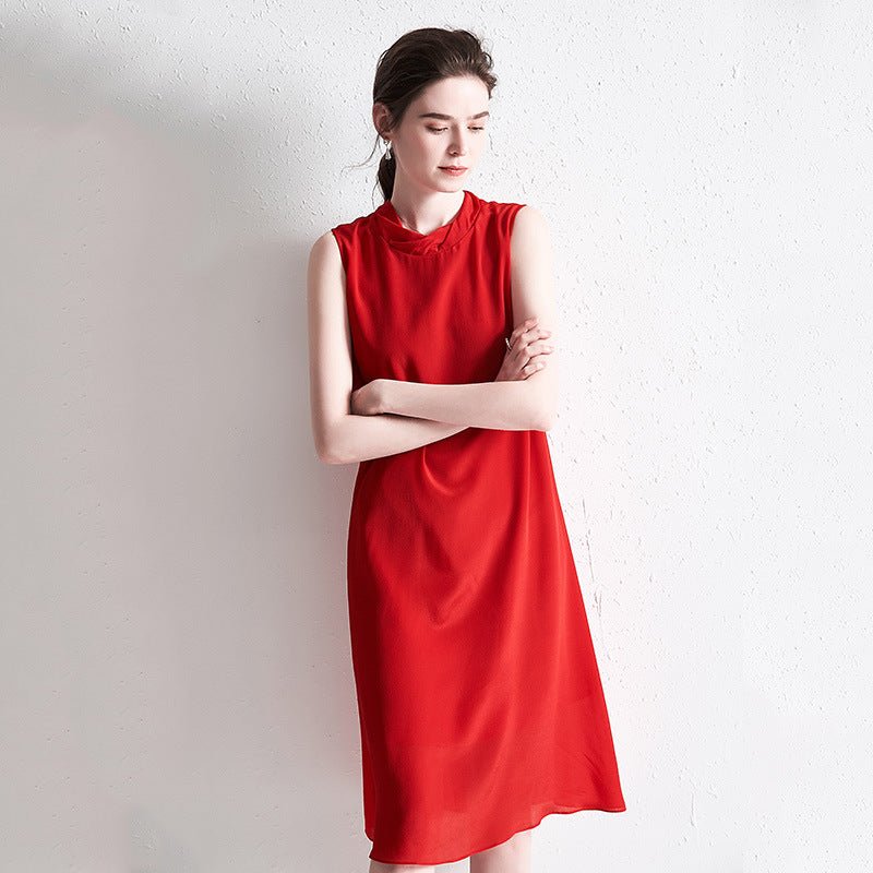 Ladies Red Sleeveless Dress Pure Color Silk Dress 100% Pure Mulberry Silk Dresses