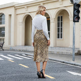 Leopard Print Silk Midi Skirt for Women High Waist Silk Dress Silk Pencil Skirt