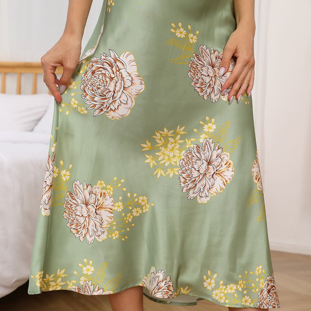 Long Flower Print Silk Nighdress Womens Sexy V Neck Nightgown