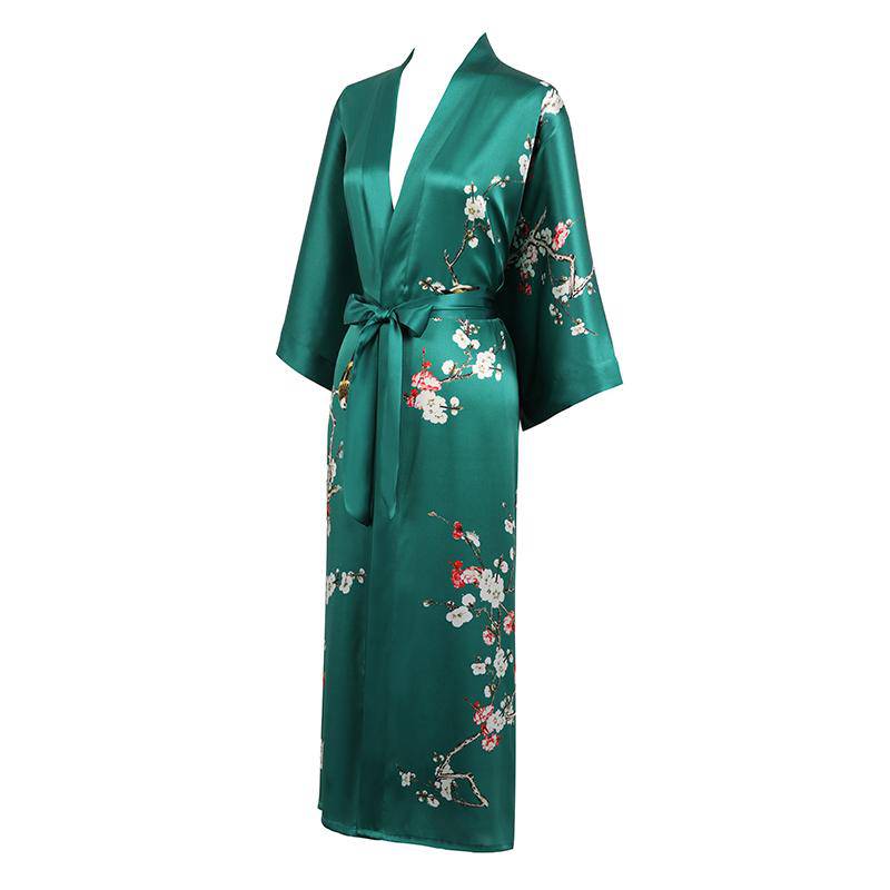 Long Silk Kimono For Women Cherry Blossom Printing Silk Robe