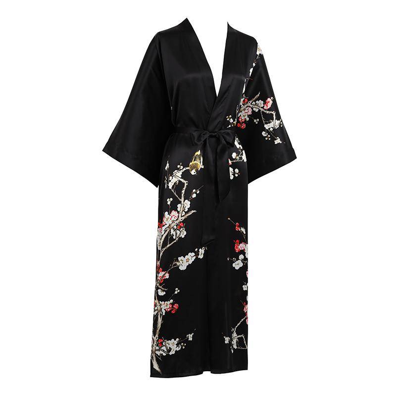 Long Silk Kimono For Women Cherry Blossom Printing Silk Robe
