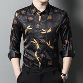 Long Sleeve Silk Shirts for Men Silk Dragonfly Print Dress Shirt
