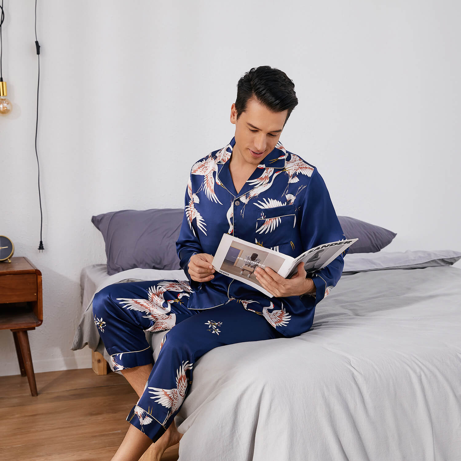 Men Crane Print Long Silk Pajamas Set Pure Silk Sleepwear