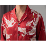 Men Crane Print Long Silk Pajamas Set Pure Silk Sleepwear
