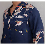 Men Crane Print Long Silk Pajamas Set Pure Silk Sleepwear