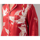 Men Crane Print Long Silk Pajamas Set Pure Silk Sleepwear