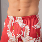 Men Crane Print Long Silk Pajamas Set Pure Silk Sleepwear