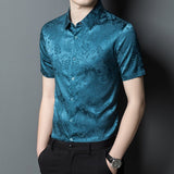 Mens Button Down Silk Shirts Short Sleeve Floral Print Silk Dress Shirt