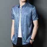 Mens Button Down Silk Shirts Short Sleeve Floral Print Silk Dress Shirt
