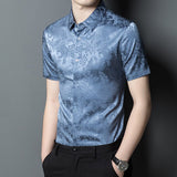 Mens Button Down Silk Shirts Short Sleeve Floral Print Silk Dress Shirt