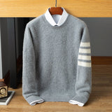 Mens Striped Sleeve Cashmere Sweater Crew Neck Long Sleeve Ribbed Hem Pullover