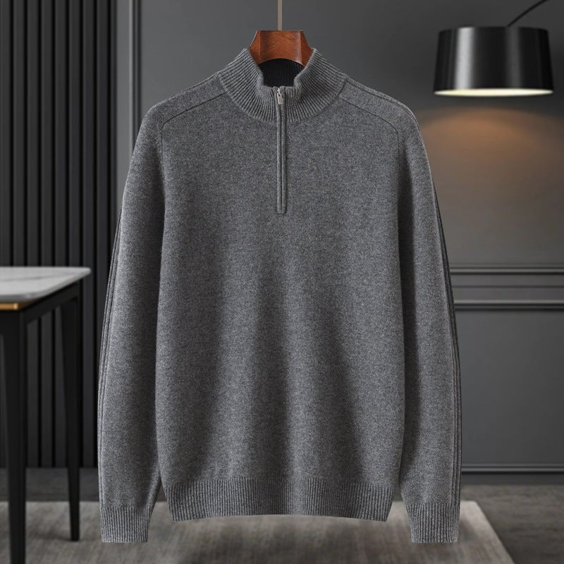 Mens Half - Zip Mock Neck Pure Cashmere Sweater Ribbed Collar Cashmere Pullover