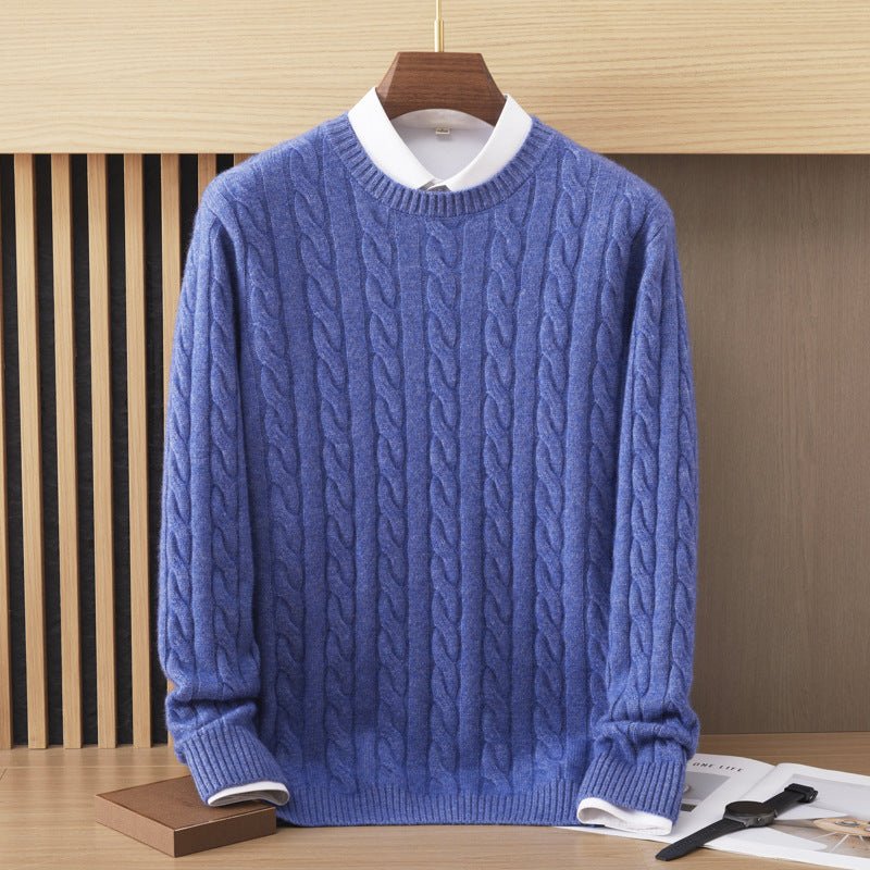 Mens Cable Knit Cashmere Sweater Crew Neck Long Sleeve Ribbed Hem Cashmere Sweatshirts