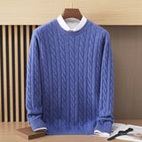 Mens Cable Knit Cashmere Sweater Crew Neck Long Sleeve Ribbed Hem Cashmere Sweatshirts
