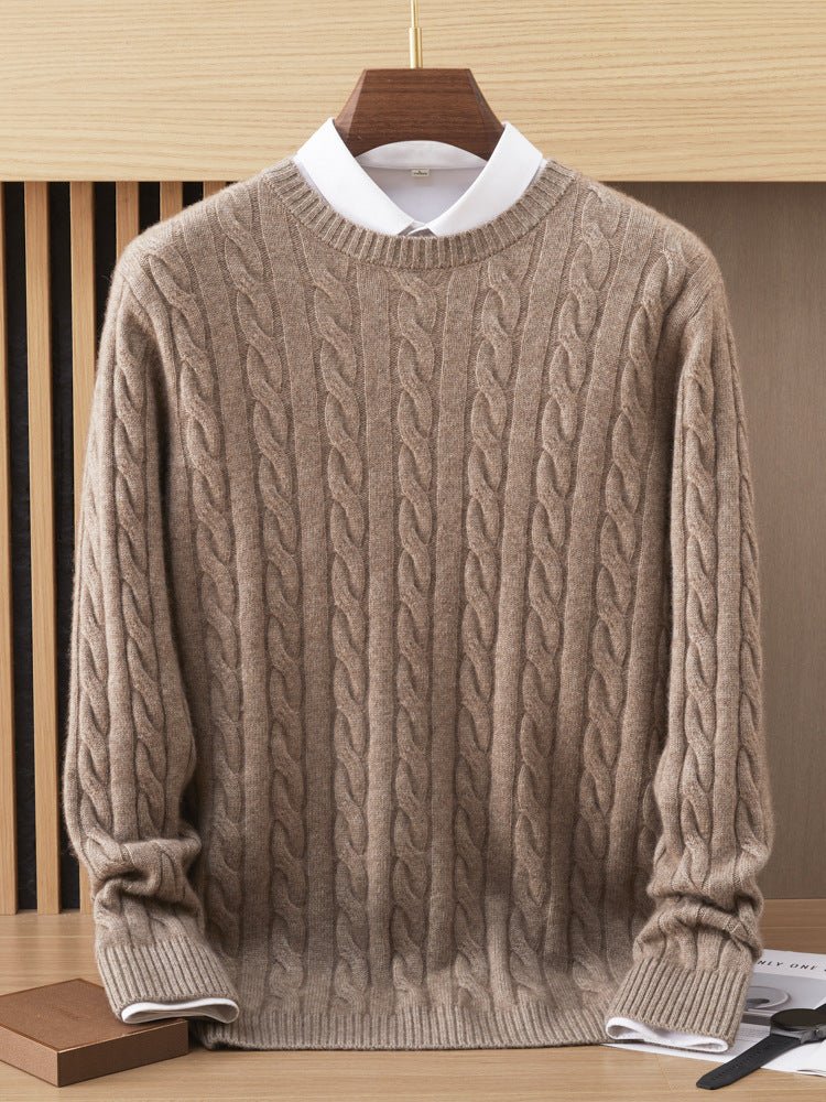 Mens Cable Knit Cashmere Sweater Crew Neck Long Sleeve Ribbed Hem Cashmere Sweatshirts