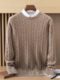 Mens Cable Knit Cashmere Sweater Crew Neck Long Sleeve Ribbed Hem Cashmere Sweatshirts