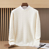 Mens Cable Knit Cashmere Sweater Crew Neck Long Sleeve Ribbed Hem Cashmere Sweatshirts