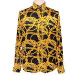Men's Gold Chains Print Button Down Long Sleeve Silk Shirt