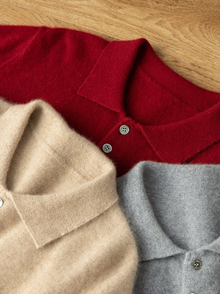 Mens Cashmere Polo Sweater Button Front Long Sleeve Soft Knit Ribbed Hem Pullover