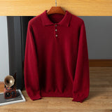 Mens Cashmere Polo Sweater Button Front Long Sleeve Soft Knit Ribbed Hem Pullover