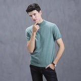 Mens Short Sleeve Pure Cashmere Knitted Sweater Mock Neck Sweatshirt Ribbed Hem