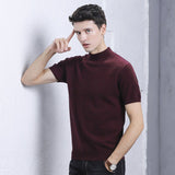 Mens Short Sleeve Pure Cashmere Knitted Sweater Mock Neck Sweatshirt Ribbed Hem