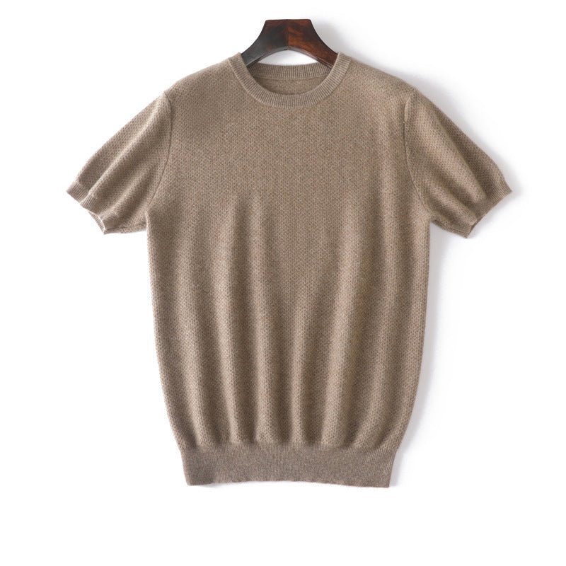 Mens Short Sleeve Pure Cashmere Sweater Crew Neck Textured Knit Tops Taupe XS