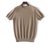 Mens Short Sleeve Pure Cashmere Sweater Crew Neck Textured Knit Tops Taupe XS