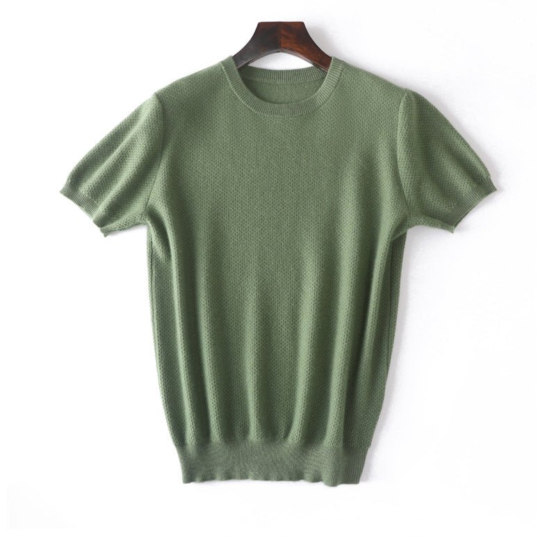 Mens Short Sleeve Pure Cashmere Sweater Crew Neck Textured Knit Tops Green XS