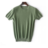 Mens Short Sleeve Pure Cashmere Sweater Crew Neck Textured Knit Tops Green XS
