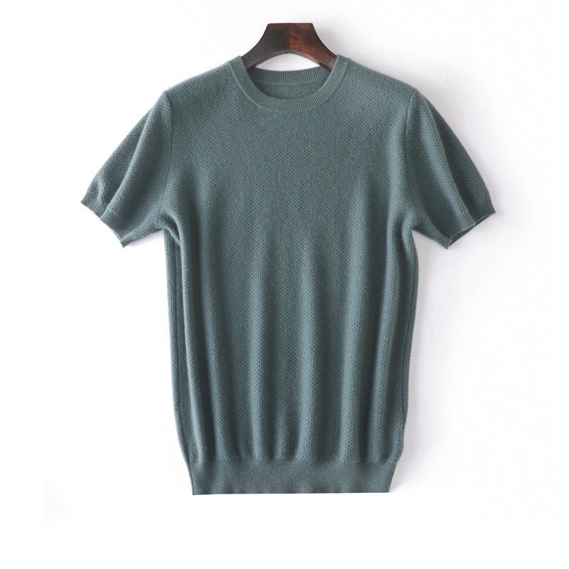 Mens Short Sleeve Pure Cashmere Sweater Crew Neck Textured Knit Tops Blue XS