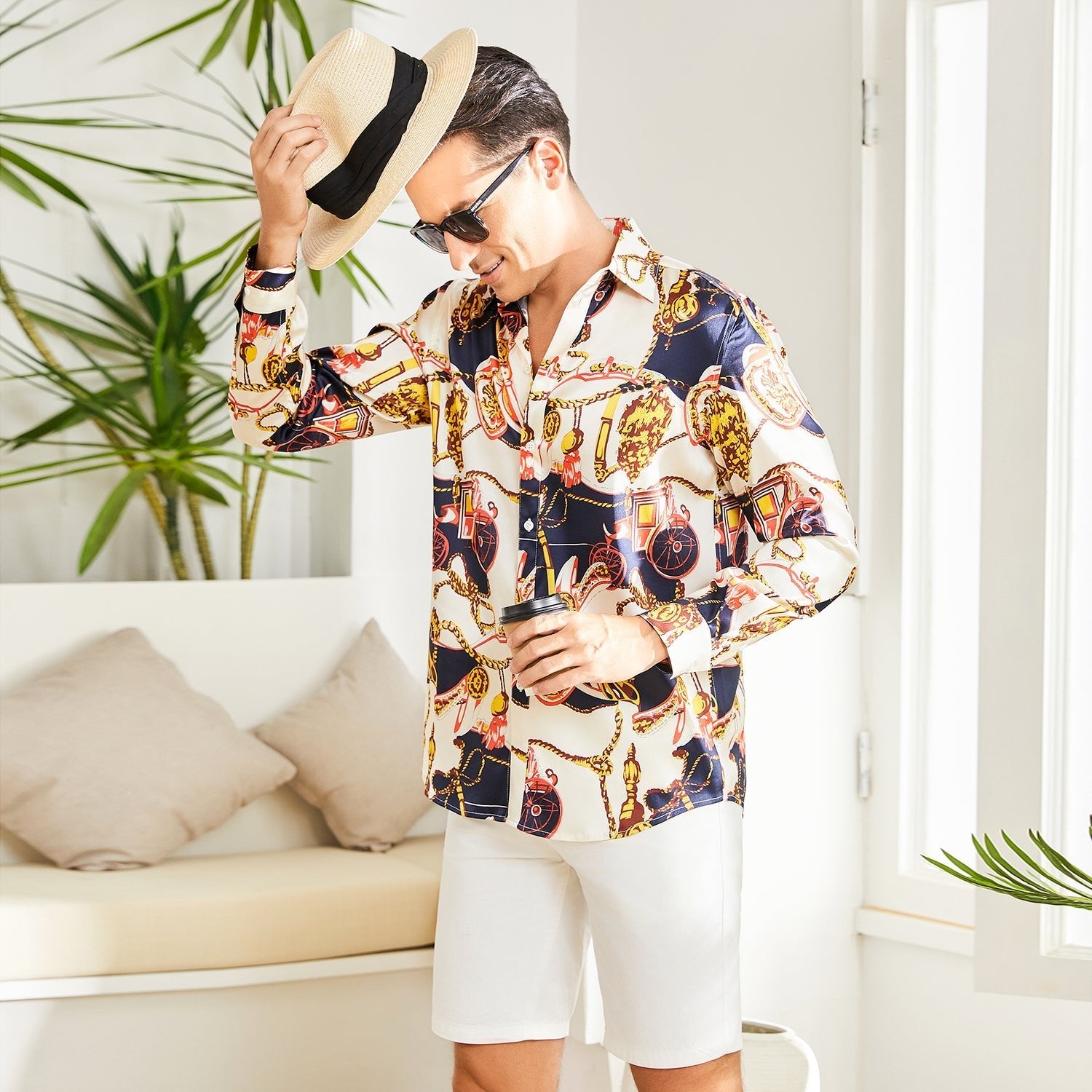 Printed Silk Shirt Long Sleeve Button Down Silk Shirt