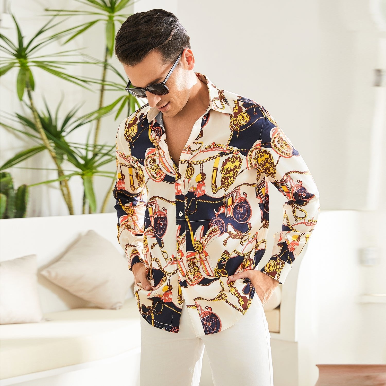 Men's Silk Dress Shirt Luxury Printed Long Sleeve Silk Shirts