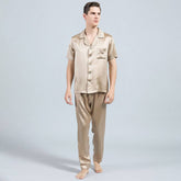 Mens Silk Pajama Set Short Sleeved Long Pants Silk Sleepwear