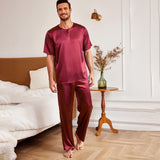 Men's Silk Pajamas Set Short Sleeve Henley Neck Silk Sleepwear