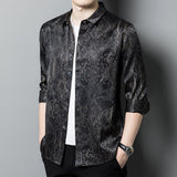 Mens Silk Shirts Long Sleeve Silk Baroque Pattern Dress Shirt