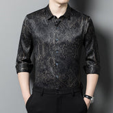 Mens Silk Shirts Long Sleeve Silk Baroque Pattern Dress Shirt